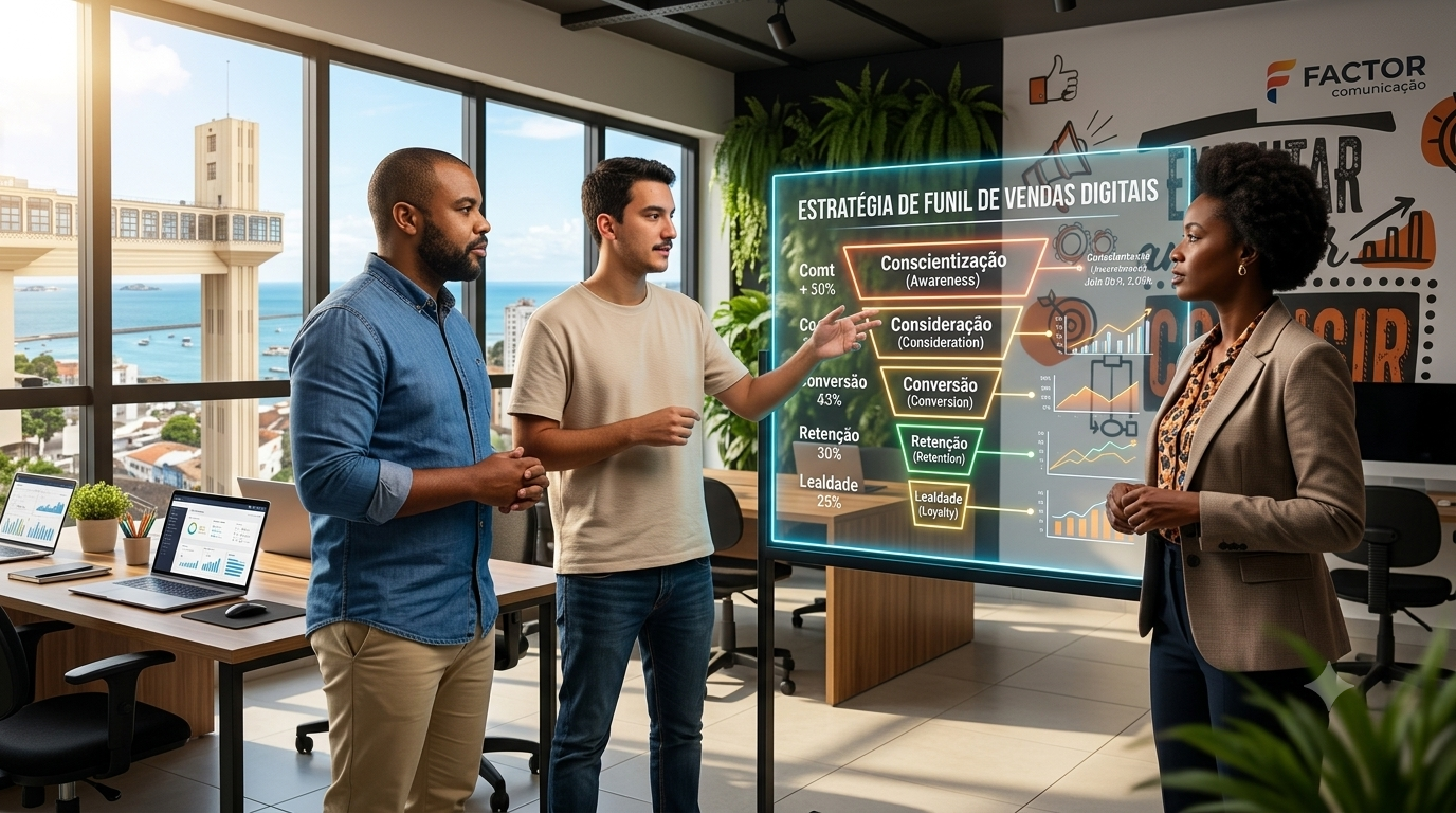 Equipe de marketing da Factor Comunicação analisando métricas de redes sociais em Salvador